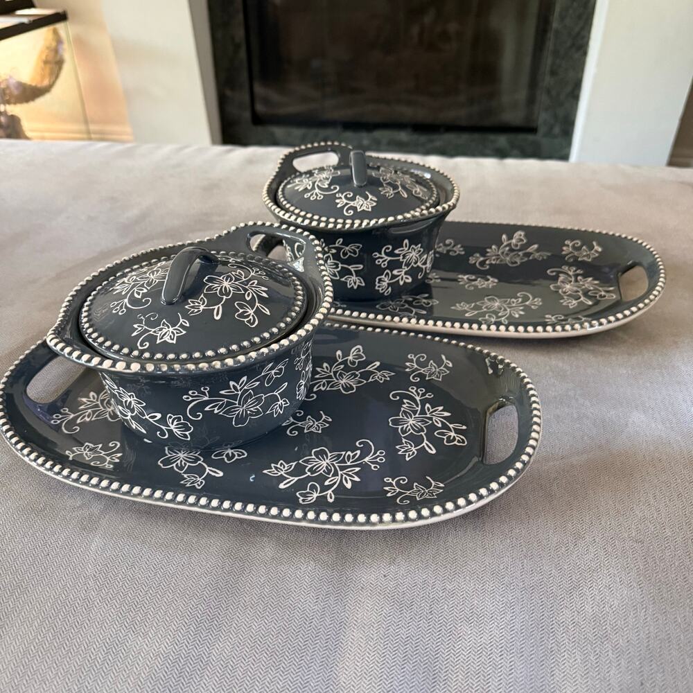 Temp-tations Floral Lace Blue 4 Pc Serving Set Trays Covered Bakers Tara